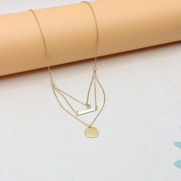 Layered Yellow Necklace with Round and Bar Pendant, Chic Design, XPNL0367 - Picture 7 of 12